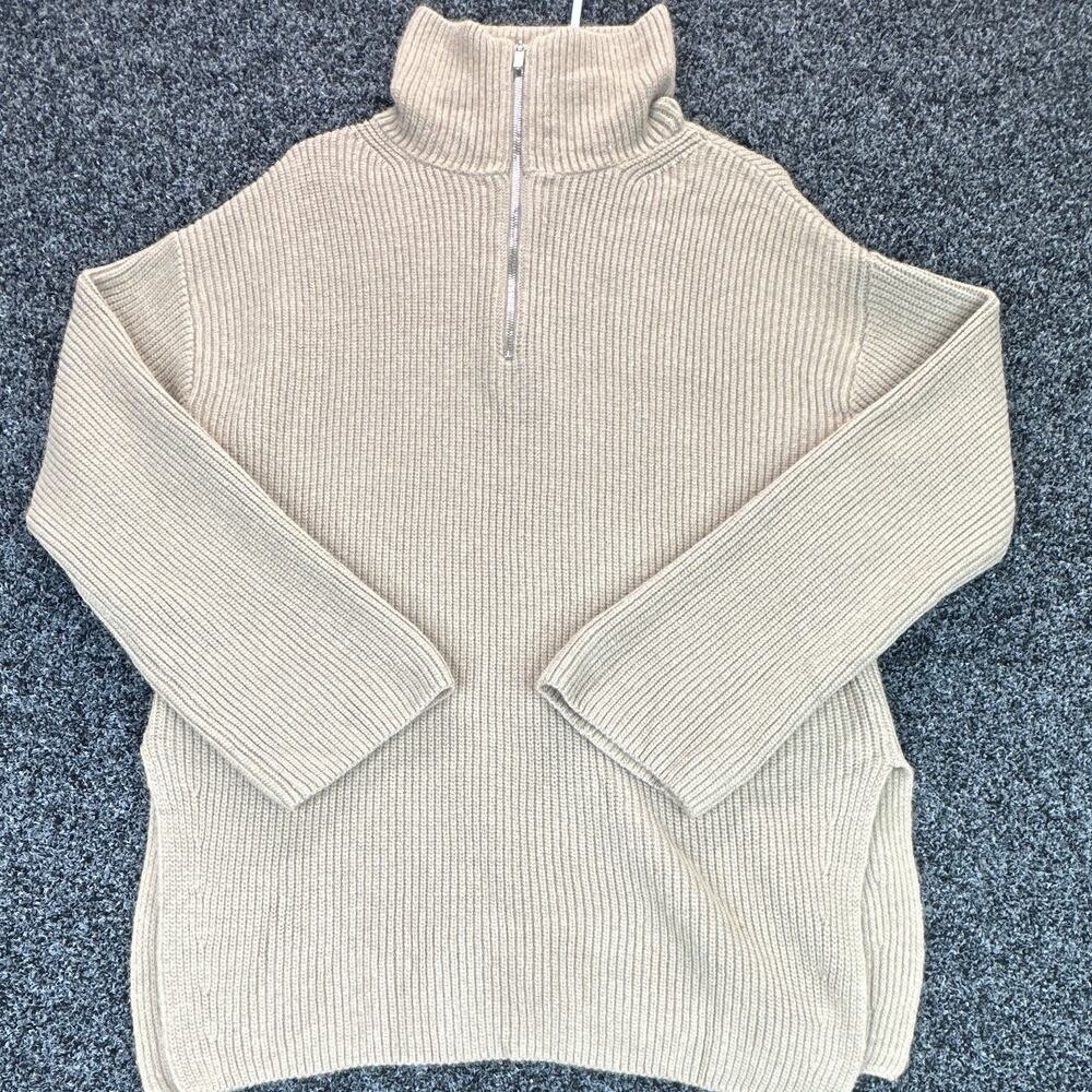 H&M Women's Beige Ribbed Knit Mock Neck 1/4 Zip Pullover Sweater Size S